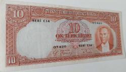 2.EMİSYON 1.TERTİP 10 ON TÜRK LİRASI SERİ C14 07420 NOLU NATÜREL ÇOK ÇOK TEMİZ KAĞIT PARA EN NADİRİ