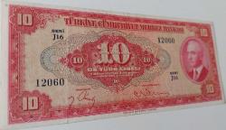 4.EMİSYON 1.TERTİP 10 ON TÜRK LİRASI SERİ J16 12060 SERİ NUMARALI KAĞIT PARA NATÜREL ÇOK ÇOK TEMİZ EN NADİRİ