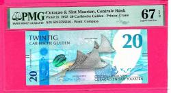 CURAÇAO SINT MAARTEN 20 CARIBISCHE GULDEN P2a 2025 PMG 67 EPQ UNC ÇİL