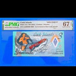 Cook Adaları 3 dolar 2021 Specimen Çil PMG 67 EPQ Yüksek puan Banknot / kağıt para