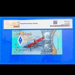 Cook Adaları 3 dolar 2021 Specimen Çil PMG 67 EPQ Yüksek puan Banknot / kağıt para