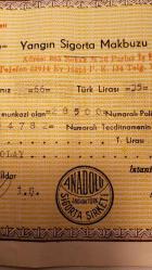 ANADOLU SİGORTA ŞİRKETİNİN 1965 YILI YANGIN SİGORTASI MAKBUZU 454