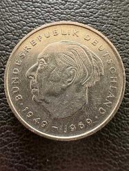 2 Mark Almanya 2 Mark, 1975 Theodor Heuss. Federe Cumhuriyet 20. yıl dönümü (1949 - 1969) Darphane işareti 