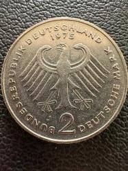 2 Mark Almanya 2 Mark, 1975 Theodor Heuss. Federe Cumhuriyet 20. yıl dönümü (1949 - 1969) Darphane işareti 
