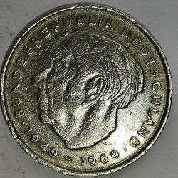 ALMANYA 1970 D  2 MARK HATIRA Theodor Heuss. Federe Cumhuriyet 20. yıl dönümü (1949 - 1969)