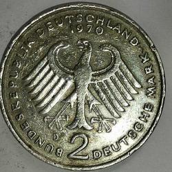 ALMANYA 1970 D  2 MARK HATIRA Theodor Heuss. Federe Cumhuriyet 20. yıl dönümü (1949 - 1969)