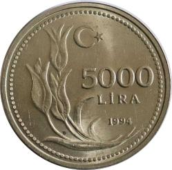 Türkiye Cumhuriyeti 1994 Yılı 5000  Lira Kenar yazısı Turaya Göre Ters  (9358)