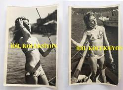 YEŞİLÇAM'IN DEĞERLİ OYUNCUSU HÜLYA TUĞLU'NUN ORİJİNAL 13'LÜ FOTOĞRAF SETİ - 18 x 12 cm EBADINDA - HÜLYA TUĞLU DENİZ KENARINDA MAYOSUYLA GÜNEŞLENİP POZ VERİRKEN ÇEKİLMİŞ 13 FARKLI KARE