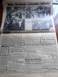 Cumhuriyet Gazetesi - 6 Ağustos 1946 - Sekizinci Büyük Millet Meclisinin vazifeleri yazan Nadir Nadi Başmakale - meclis açıldı İsmet İnönü 450 oy dan 388 i ile tekrar Cumhurbaşkanı seçildi - meclisin dünkü içtimai 6 saatten fazla sürdü - Meclisin İlk İçtimaı toplantıda demokratların aldıkları yer ve İsmet İnönü yemin ederken fotoğraf - istifa eden Başbakan Şükrü Saraçoğlu ve yeni başbakan Recep Peker dün meclise gelirlerken fotoğraf - Recep Peker kabinesini kurmaya çalışıyor - Cumhurbaşkanı seçiminde Demokrat Parti'nin adayı Mareşal Fevzi Çakmak 59 rey aldı  - Mareşal Fevzi Çakmak ve Celal Bayar dün meclise gelirlerken fotoğraf - mazbatalarının reddi istenen milletvekilleri - İsmail dümbüllü ve Suzan yakar Suadiye Çınardibinde - Rosita Serrano Taksim belediye gazinosunda - milli kalkınma partisinin savcılığa müracaatı - beyrut'ta İngiliz ve Amerikan konsoloslarına bombalar atıldı - Montrö mukavelesi ve İngiltere - Basra'ya gönderilen İngiliz askerleri -  Amcabeye göre Çizen Cemal Nadir