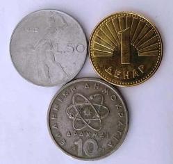 YUNANİSTAN 1976 10 DRAHMİ, İTALYA 1962 50 LİRET, MAKEDONYA 2016 1 DİNAR (RESİMDEKİ ÜRÜN GÖNDERİLECEKİTİR) (200)