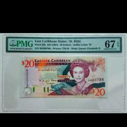 Doğu Karayipler (St. Kitts) 20 dolar 1994 Çil PMG 67 EPQ Nadir tarih, yüksek kondisyon 