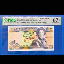 Jersey 20 pound 1993 Specimen Çil PMG 67 EPQ Yüksek kondisyon 