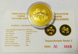 Türk Havacılık Tarihi Tayyare Serisi, 500 mangır Bronz üzeri Altın Kaplama 38.6 mm Çapında Prof Baskı - Sertifikalı Çill ++