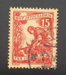 Yugoslavya Pulu - Yugoslavia Stamp - Postadan Geçmiş Pul Filateli -  DAMGALI - AYÇİÇEĞİ TOPLAYAN KÖYLÜ KADIN TEMALI PUL, 15 PARA - YABANCI PULLAR-NOSTALJİK DOĞUM GÜNÜ HEDİYESİ