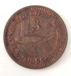 KIBRIS (CYPRUS) 1955 ÜÇ 3 MİLS BRONZ ORİJİNAL MADENİ PARASI NADİR 3SSS1R1