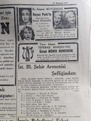 Cumhuriyet Gazetesi - 21 Temmuz 1949 - çarpışan görüşler Cumhuriyet Başmakale - Nihat Erim konuşmalarına dair bir açıklama yaptı - Hilmi Uran Dün yazarımız ile görüşürken fotoğraf - Rusya'nın Atlantik paktına karşı taarruzu - geçenlerde İtalyan parlamentosu civarında komünistlerin yaptıkları bir nümayiş fotoğraf - Bursa'da sebze ve meyva fiyatları çok düştü - Amerika'nın İran'a askeri yardımları - Radyo ile şehir toplantısı - 21 Temmuz seçimlerinin yıldönümü - Bulgaristan'ın yeni başbakanı kolarov oldu - belçika'dan iade edilen fındıklar - Sabahattin Ali'nin katli davası - Sabahattin Ali'nin katili Ali Ertekin mahkemeye götürülürken fotoğraf - Giresun vapuru bugün geliyor - Sevil berberi Türkiye'de bir asırdır oynanıyor yazan Refik Ahmet Sevengil - sokak kızı kiti Lale sinemasında - ekmekler gittikçe bozuluyor - kömür tevziatı yazan Burhan Felek - Türkiye hakkında bir film çevrilecek - dünyada sinemaların sayısı çok arttı - İsmail Dümbüllü Suzan Güven Coşkun Kardeşler büyükdere'de