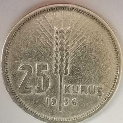 TÜRKİYE  1936  25  KURUŞ  GÜMÜŞ  3 GRAM