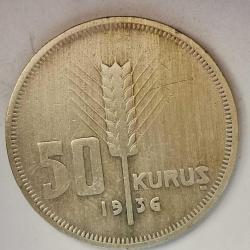 TÜRKİYE  1936   50  KURUŞ  GÜMÜŞ  6 GRAM