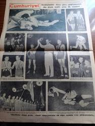 Cumhuriyet Gazetesi - 24 Mart 1950 - bu tefrik zararlıdır yazan Abidin Daver Başmakale - İsmet İnönü Dün ilk seçim nutkunu söyledi - İkinci bir meclis kurulacak - Stockholmde yapılan dünya Greko Romen güreş birinciliklerinin açılış merasimi fotoğraf - dünya şampiyonluğunu kazanan Muharrem Candaş Yugoslav Ivan Gottbar'ı tuşa getirmeye çalışırken fotoğraf - Ali Özdemir ikinci müsabakasını da tuşla kazandıktan sonra Nuri hoca ile kucaklaşıyor fotoğraf - af kanunu tasarısı Dün gece de meclisten çıkmadı - 300. ölüm yılı münasebetiyle Rene Descartes Yazan Orhan Alisbah - Aşk ölmez filmi başrollerde Rukiye İbrahim Zozo Şekip Saraç Münir Abbas Faris Taksim sinemasında - Üç Silahşörler yazan Alexandre Dumas - Demokrat Parti eşya piyangosu - İstanbul Ankara Radyosu Programı - Bulmaca - Commer Kamyon - Dünya İkinciliğini kazanan Celal Atik yugoslavyalıyı tuşla yenmeye çalışırken fotoğraf - Stockholmdeki dünya güreş şampiyonasının dün akşam uçakla gelen ilk resimleri -  Güreşçi Ali Yücel Fotoğraf