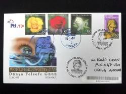 2007 Dünya Felsefe Günü FDC ilk gün zarfı - ilave seri pullarla taahhütlü postadan geçmiş