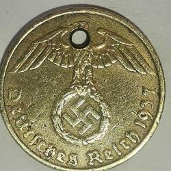 NAZİ  ALMANYASI  1937 A    5   PFENNIG  HALİYLE  DELİK
