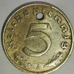 NAZİ  ALMANYASI  1937 A    5   PFENNIG  HALİYLE  DELİK