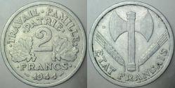 FRANSA 2 FRANK 1944 B. EN AZ ÇIKAN TARİH VE HARF. II. DÜNYA SAVAŞI NAZİ İŞGALİ VİCHY HÜKÜMETİ PARASI.