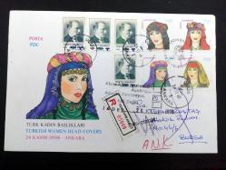 1998 Türk Kadın Başlıkları FDC İLK GÜN ZARFI - ilave pullarla taahhütlü postadan geçmiş