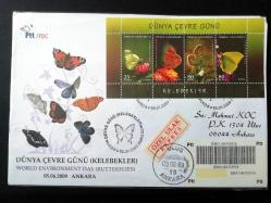 2009 Dünya Çevre Günü (kelebekler) FDC İLK GÜN ZARFI - taahhütlü postadan geçmiş varışlı