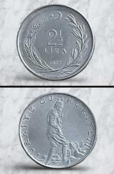 1977 Basımı Madeni 2,5 Türk Lirası