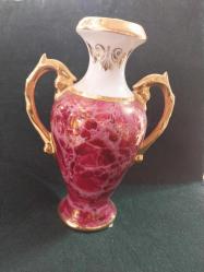 Limoges imzalı el boyaması porselen çift kulplu vazo. 16 cm. 11.cm.