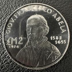 987 Ayar Gümüş Malta 2 Lira, 1974 Giovanni Francesco Abela 10 Gr. Çap 32. 25k Basım.