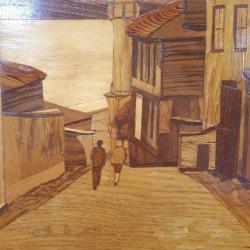 VINTAGE ANADOLUDAN CAMİ VE ESKİ AHŞAP EVLER TEMALI EL İŞİ SANATÇI İMZALI AHŞAP ÜZERİNE MARKÜTERİ ÇALIŞMA TABLO RESİM