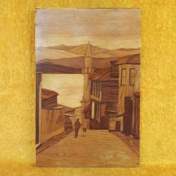 VINTAGE ANADOLUDAN CAMİ VE ESKİ AHŞAP EVLER TEMALI EL İŞİ SANATÇI İMZALI AHŞAP ÜZERİNE MARKÜTERİ ÇALIŞMA TABLO RESİM