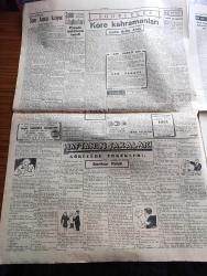 Cumhuriyet Gazetesi - 3 Aralık 1950 - Kore'deki savaştan sonra yazan Abidin Daver Başmakale - bütün dünyada ilk defa neşri gazetemize nasip olan tarihi resimler - Kore'de tugayımız yeni savaşlara hazırlanıyor - Macarthur Kore'de 600 bin komünist Çinli var diyor - Kore'deki Kahraman birliğimize Başbakan Adnan Menderes'ten mesajlar - dün geceki güreş müsabakaları - dün gece spor sarayında karşılaşan güreşçiler - Truman Attle mülakatı - Amerika mektupları yazan Doğan Nadi - vizesiz çingeneler Bulgaristan'a iade edildi - Ali Ulvi Karikatür - haftanın şakaları yazan Burhan Felek - Kore kahramanları yazan Falih Rıfkı Atay - Seksoloji Aralık Sayısı Çıktı - Karanlık Oda Yazan Peride Celal Yazı Dizisi - değerli sanatkar Hamiyet Yüceses Taksim kristal salonunda - Yusuf İzzettin Efendi'nin içinde intihar ettiği oda Yazan Haluk Yusuf Şehsuvaroğlu - Jan Dark Lale Sümer Yıldız İnci Sinemasında - Türk İsrail milli maçı bugün oynanıyor - Fransız B milli takımı Ankara'ya gelecek - Morris Otomobil