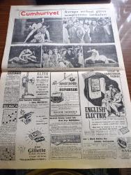 Cumhuriyet Gazetesi - 6 Haziran 1949 - Celal Bayar'ın Dün Ankara'da yaptığı konuşma - Marshall planının ikinci yıldönümü - serbest güreşte Avrupa şampiyonluğunu kazandık - 73 kiloda Avrupa birincisi olan Celal Atik Şeref kürsüsünde fotoğraf - Güreş Şampiyonası neticeleri - Vali Doktor Lütfi Kırdar 57 kilo şampiyonu Nasuh Akar'a mükafatını veriyor fotoğraf - Beşiktaş Rangers'ı dün 4-0 yendi fotoğraf - Rusya'da ölen kuryemiz Fuat Güzaltan - güreşleri Bütün Türkiye'ye anlatan Eşref Şefik'in intibaları - Türkiye Futbol Şampiyonası - Viz Zan De Rujları - Avrupa serbest güreş şampiyonası intibaları fotoğrafları - maçları heyecanla takip eden seyirciler fotoğraf - Ali Yücel isveçliyi tuşa getiriyor fotoğraf - bugünkü radyo programı - bulmaca - Gillette Traş Bıçakları - Nivea Krem - Ankara'daki Türkçe futbol şampiyonasında Ankaragücü birinci Galatasaray ikinci oldu - Osmanlı Bankası - Suriye'de seçim - bu kapıyı açmayınız yazan Anthony Gilbert Yazı Dizisi - Fransız Dışişleri Bakanı Schuman