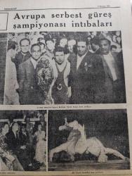 Cumhuriyet Gazetesi - 6 Haziran 1949 - Celal Bayar'ın Dün Ankara'da yaptığı konuşma - Marshall planının ikinci yıldönümü - serbest güreşte Avrupa şampiyonluğunu kazandık - 73 kiloda Avrupa birincisi olan Celal Atik Şeref kürsüsünde fotoğraf - Güreş Şampiyonası neticeleri - Vali Doktor Lütfi Kırdar 57 kilo şampiyonu Nasuh Akar'a mükafatını veriyor fotoğraf - Beşiktaş Rangers'ı dün 4-0 yendi fotoğraf - Rusya'da ölen kuryemiz Fuat Güzaltan - güreşleri Bütün Türkiye'ye anlatan Eşref Şefik'in intibaları - Türkiye Futbol Şampiyonası - Viz Zan De Rujları - Avrupa serbest güreş şampiyonası intibaları fotoğrafları - maçları heyecanla takip eden seyirciler fotoğraf - Ali Yücel isveçliyi tuşa getiriyor fotoğraf - bugünkü radyo programı - bulmaca - Gillette Traş Bıçakları - Nivea Krem - Ankara'daki Türkçe futbol şampiyonasında Ankaragücü birinci Galatasaray ikinci oldu - Osmanlı Bankası - Suriye'de seçim - bu kapıyı açmayınız yazan Anthony Gilbert Yazı Dizisi - Fransız Dışişleri Bakanı Schuman