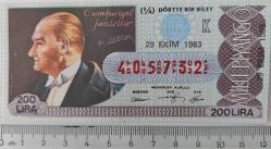 MİLLİ PİYANGO DÖRTTE BİR BİLET 29 EKİM 1983 TARİHLİ CUMHURİYET FAZİLETTİR M.K.ATATÜRK TEMALI K HARFİ 405732 NUMARALI ÇOK NADİR