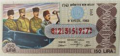 MİLLİ PİYANGO DÖRTTE BİR BİLET 9 EYLÜL 1983 TARİHLİ ATATÜRK-KAZIM KARABEKİR-ENVER PAŞA TEMALI E HARFİ 823597 NUMARALI ÇOK NADİR