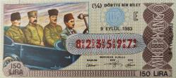 MİLLİ PİYANGO DÖRTTE BİR BİLET 9 EYLÜL 1983 TARİHLİ ATATÜRK-KAZIM KARABEKİR-ENVER PAŞA TEMALI E HARFİ 823597 NUMARALI ÇOK NADİR