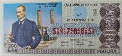 MİLLİ PİYANGO DÖRTTE BİR BİLET 29 TEMMUZ 1983 TARİHLİ ERZURUM KONGRESİ VE ATATÜRK TEMALI N HARFİ 597885 NUMARALI ÇOK NADİR