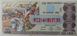 MİLLİ PİYANGO DÖRTTE BİR BİLET 29 MAYIS 1983 TARİHLİ İSTANBULUN FETHİ-FATİH SULTAN MEHMET TEMALI E HARFİ 926379 NUMARALI ÇOK NADİR