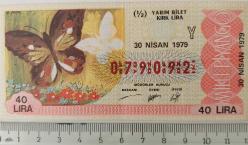 MİLLİ PİYANGO YARIM BİLET 30 NİSAN 1979 TARİHLİ KELEBEKLER TEMALI Y HARFİ 079092 NUMARALI ÇOK NADİR