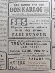 Cumhuriyet Gazetesi - 6 Nisan 1943 - böyle sulh olmaz yazan Nadir Nadi Başmakale - hava akınları şiddetlendi - müttefikler İtalyan şehirlerinde büyük tahribat yapıyor - Paris'te 400 ölü bin yaralı Essene 900 ton bomba - kafkasya'da Ruslar taarruza geçtiler - Tunus'taki heyetimizin pek yakınında bir Alman mayını patladı - Sovyet Kuvvetleri topları tamirle meşgul oluyor fotoğraf - tunus'ta Almanlar yeni mevzilere çekildiler - Askeri Vaziyet Yazan Emekli General H. Emir Erkilet Yazı Dizisi - General Giraud De Gaulle görüşmesi gene geri kaldı - Hint masalları yazan Burhan Felek - Bağdat hırsızı filmi pek yakında İpek sinemasında - Şehir Tiyatrosu Dram Kısmında Don Karlos - illüzyonist Zati Sungur Ses Tiyatrosunda - kovboy ve sarışın kız filmi Saray sinemasında - Cenova denizden bombardıman edildi - Macar ordusu Balkanlar'a gelmeyecek - Bulgar Arnavutluk hududu nasıl tanzim edildi - varlık vergisini ödemeyen vilayetler - Almanlar Yunanistan'da idareyi kendi ellerine aldılar - Yeni Blaupunkt