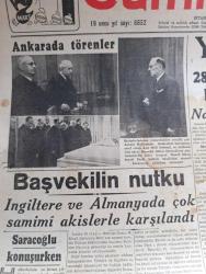 Cumhuriyet Gazetesi - 23 Şubat 1943 - Saraçoğlu konuşurken Cumhuriyet Başmakale - Başvekil Şükrü Saraçoğlu'nun Nutku İngiltere ve Almanya'da çok samimi akislerle karşılandı - Halkevleri bayramına Şeref veren Aziz milli şefimiz İsmet İnönü fotoğraf - yeni mebus seçimi - namzet listesinin bugün ilanı muhtemel - Donetz'de büyük bir çevirme hareketi - şark cephesinde sovyetlerin küçük birlik kumandanları vazife alıyorlar fotoğraf - Atlantik ve Akdeniz'de Almanlar 103 bin tonluk 15 gemi batırdılar - Gandhi çok ağır hasta - Tunus muharebeleri Atlas dağları'nda çetin savaşlar devam ediyor - İnönü koşusu - Afrika harbinden bir fotoğraf - Türk politikası ve Hindistan'ın selameti -  Anglosaksonlar dünyasında yazan Abidin Daver yazı dizisi - Goebbels'in nutkundan bazı noktalar Yazan Emekli General H. Emir Erkilet - Varlık vergisi vermeyen Vagnat Estepan  Manol Kazakof Hireci Mehteryan Nikola Zolidis Oskıyan Günaltın demir kapı toplanma kampına sevk edilenlerden bazıları -  yeni ekmek kartları