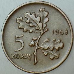TÜRKİYE CUMHURİYETİ 5 KURUŞ 1968.