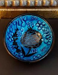 Nar ve Lale Kabartma Temalı, Turkuaz-Siyah Renkli Kütahya Çini Kase. 2016, Kaliteli El İşçiliği (3.5x8 cm)