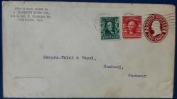 1907 Yılında ABD  Illinois'ten Hamburg Almanya'ya gönderilmiş ilave pullu antiye zarf