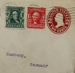 1907 Yılında ABD  Illinois'ten Hamburg Almanya'ya gönderilmiş ilave pullu antiye zarf