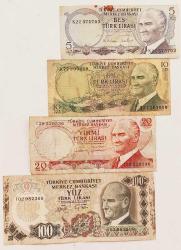 Türkiye Cumhuriyeti 6. Emisyon 5-10-20-100 Lira 4 Adet..